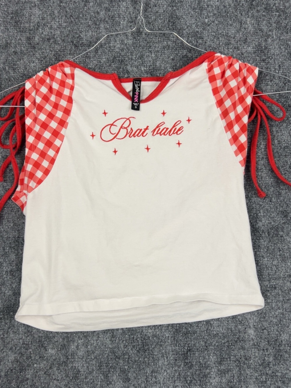 PINK Brat Babe white and red gingham top with tie up sleeves Size S
